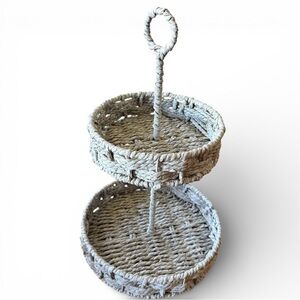 Two-Tier Woven Basket Stand Cream Colored